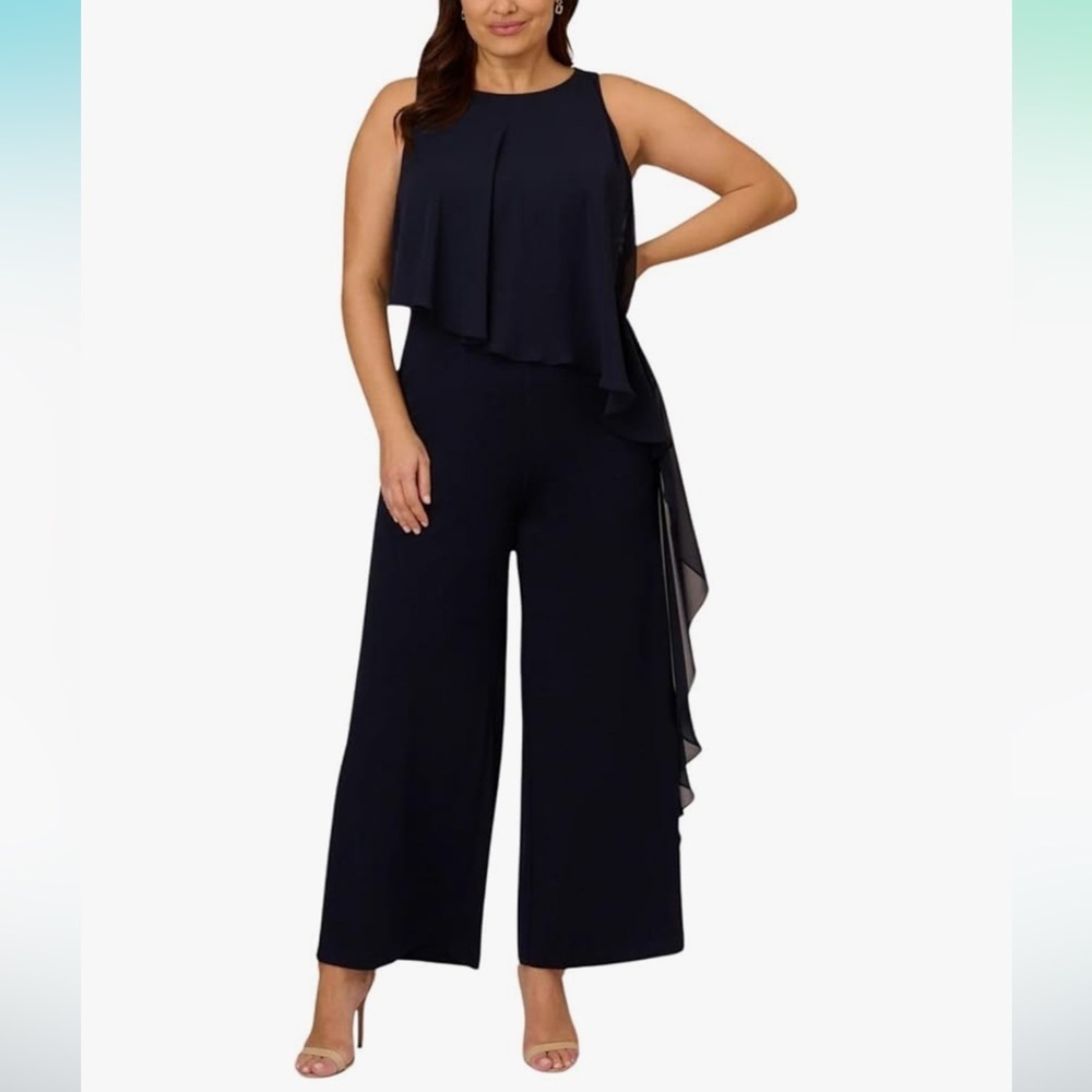 NWT Adrianna Papell Chiffon And Crepe Jumpsuit Midnight Navy Blue Plus - Picture 1 of 16